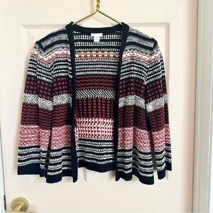 Chico's Black and Red Cardigan Sweater with Fair Isle Pattern